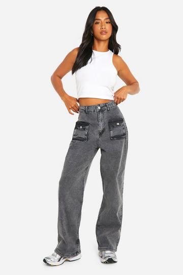 Black Petite Acid Wash Cargo Pocket Straight Leg Jeans