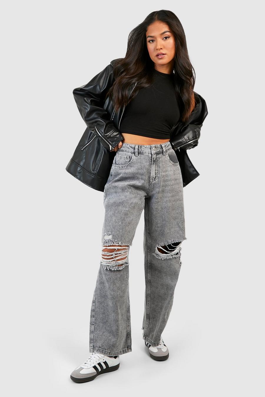 Black Petite Ripped Knee Distressed High Waist Wide Leg Jeans  image number 1