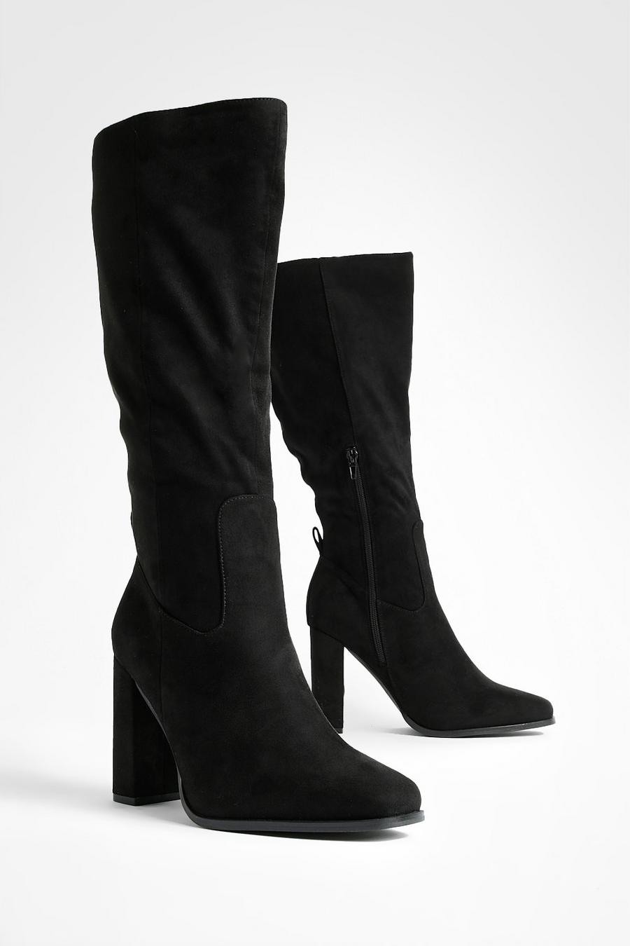 Black svart Wide Fit Block Heel Knee High Boots  