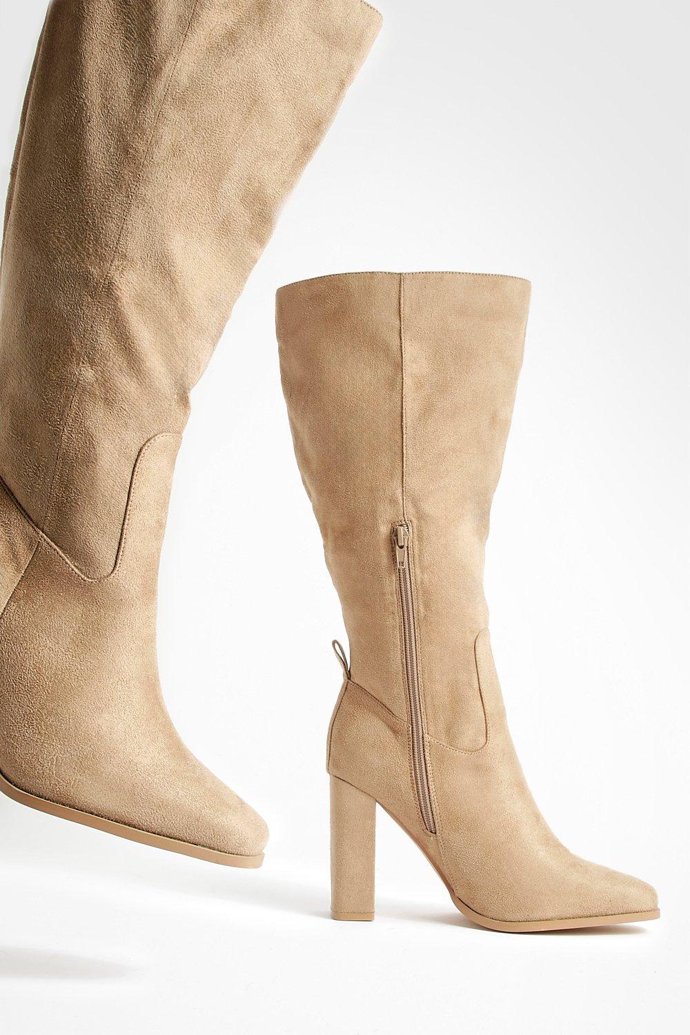 Wide Fit Faux Suede Block Heel Knee High Boots