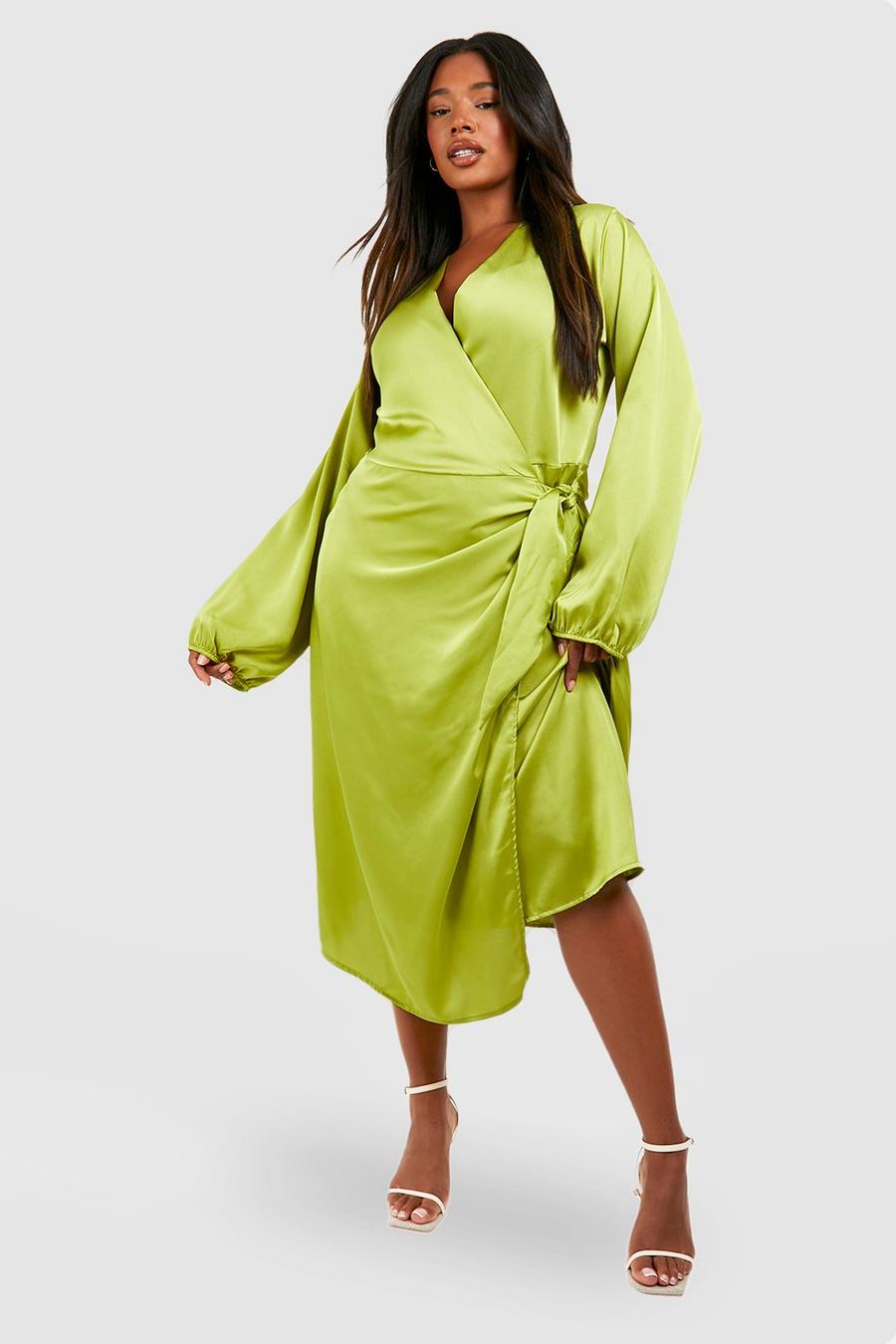 Olive  Plus Satin Wrap Midi Dress image number 1