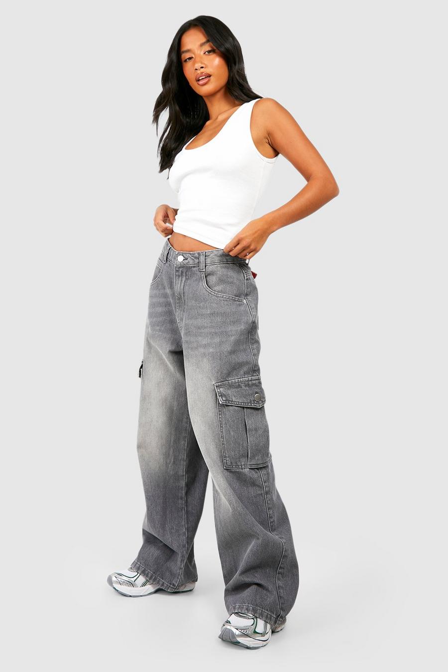 Petite Cargo-Jeans mit weitem Bein, Mid grey