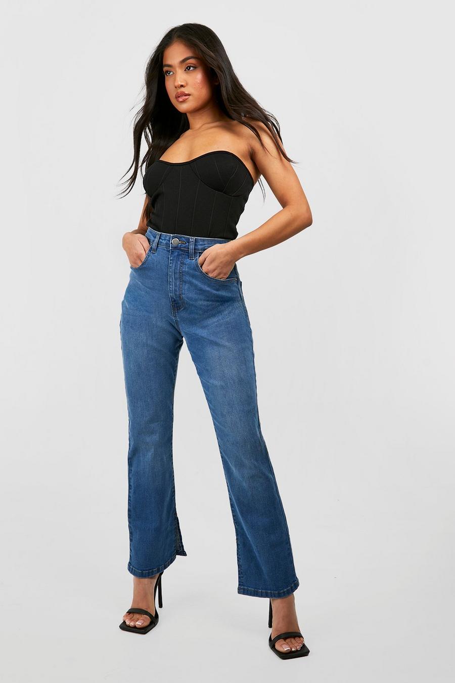 Women Mid Blue High Waisted Straight Leg Jeans with side Split