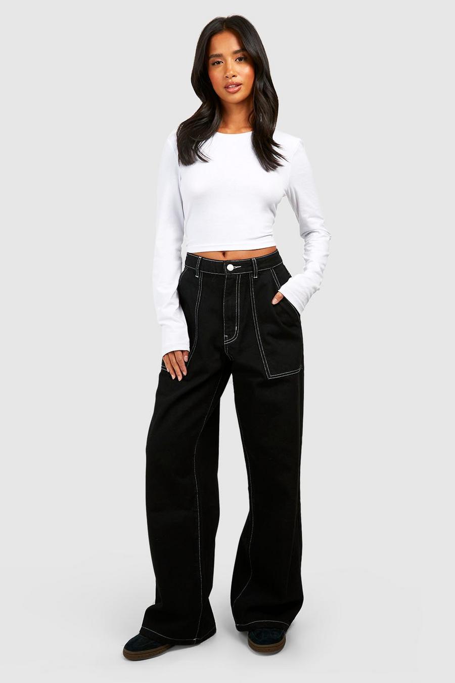 Petite weite Jeans mit Kontrast Naht-Detail, Black