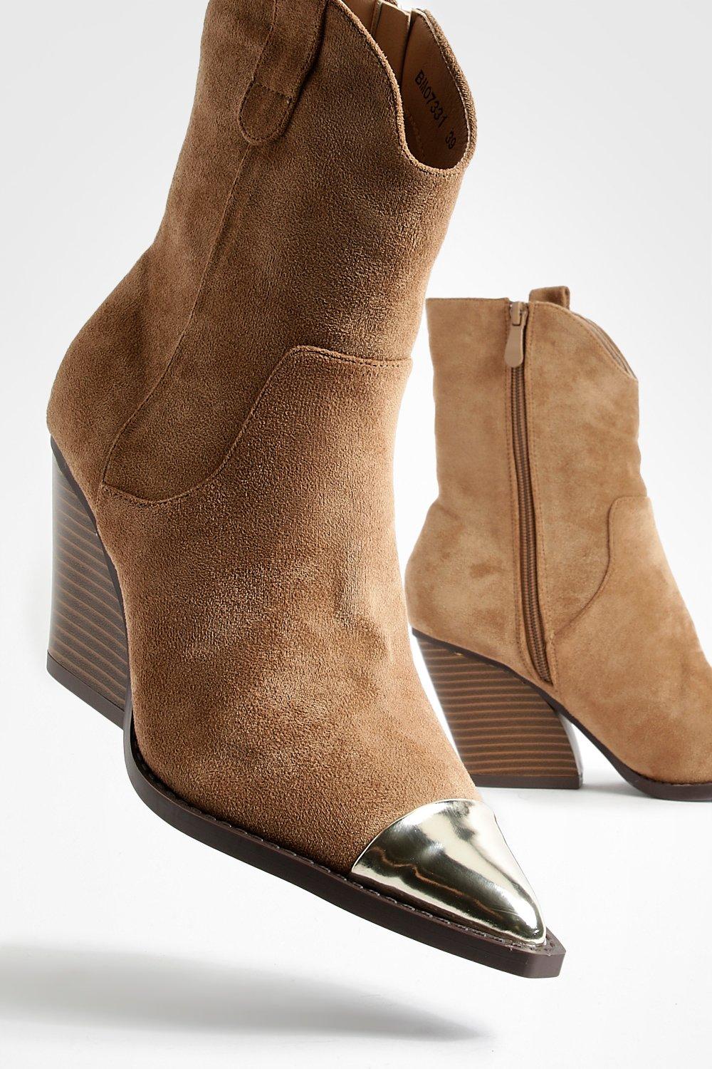 Ankle Boots Pointed Toe Faux Steel-Toe Cap Detail Chunky Western Boot Heels  Vegan-Friendly