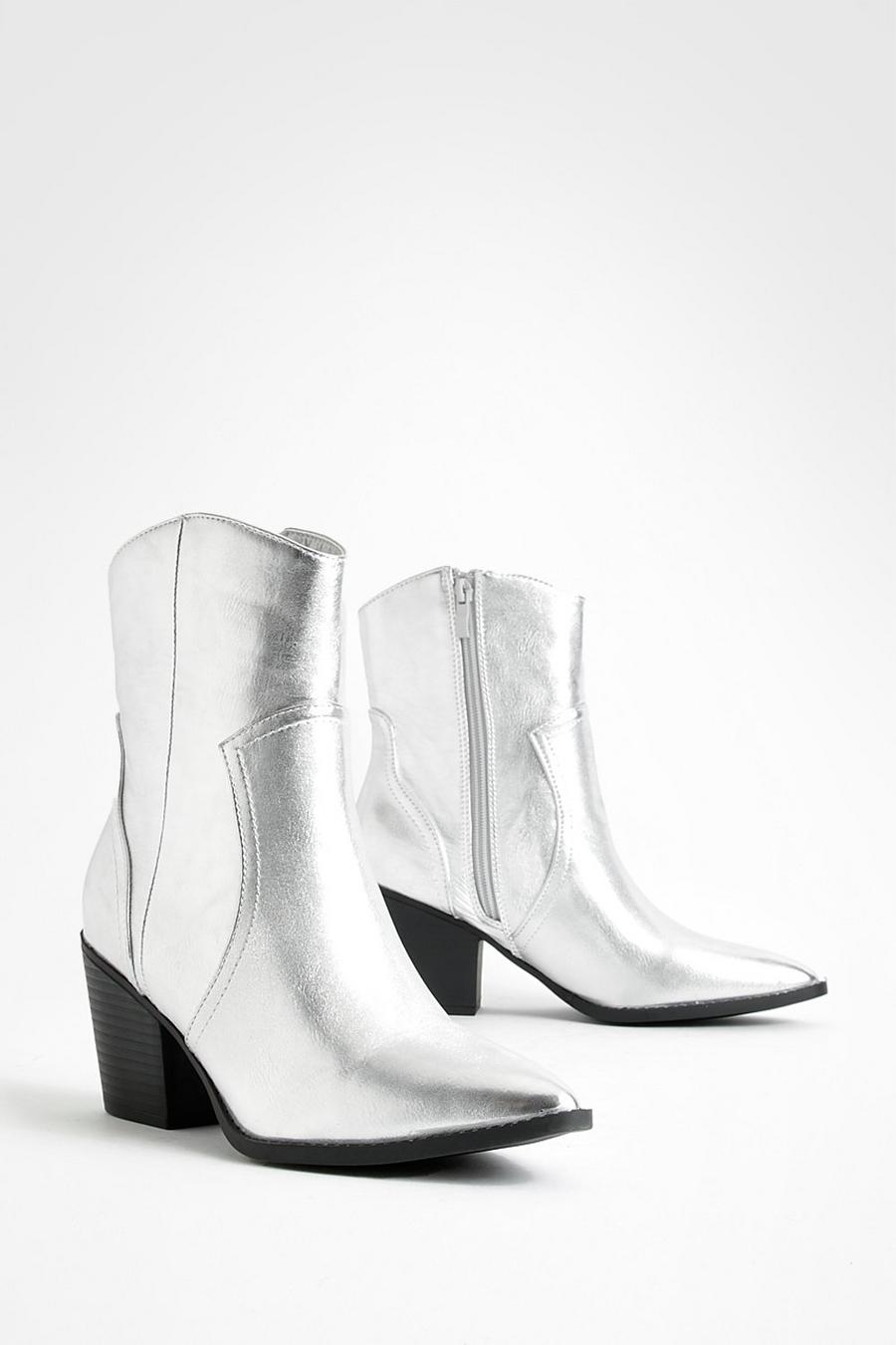 Silver Metallic Western Cowboy Ankle Boots 