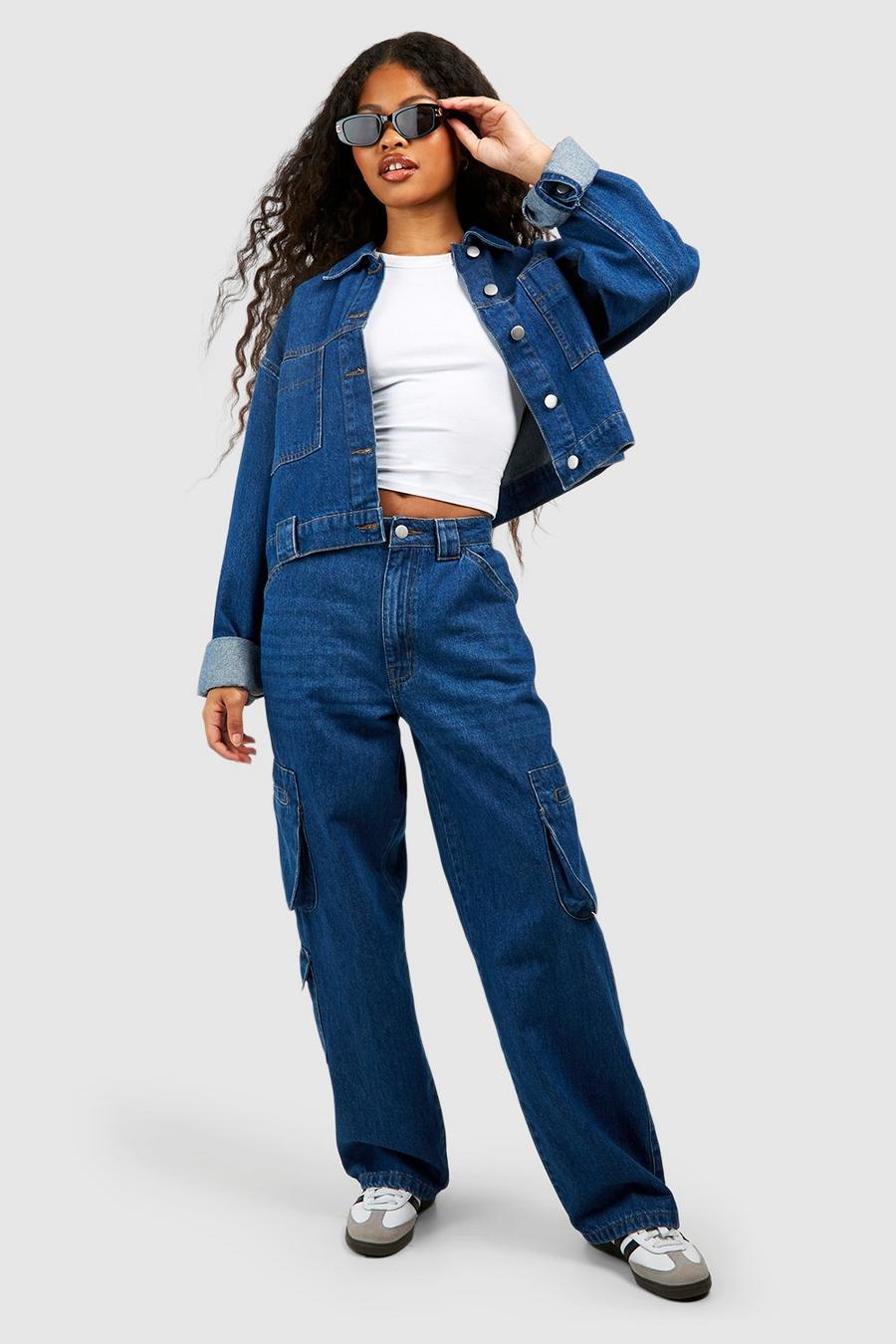Petite weite Jeans mit Cargo-Taschen, Mid blue image number 1