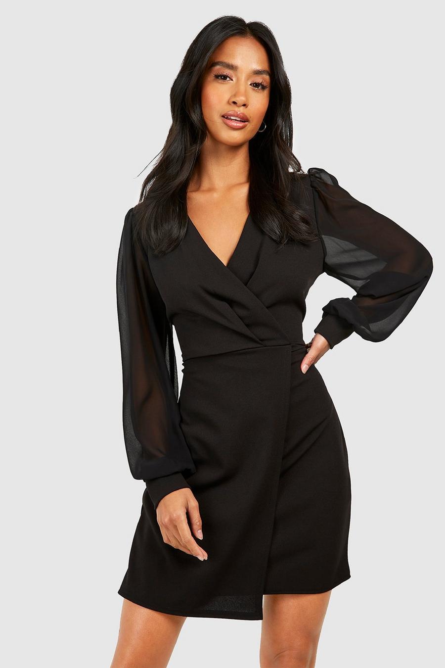 Black Petite Wrap Chiffon Sleeve Button Dress image number 1