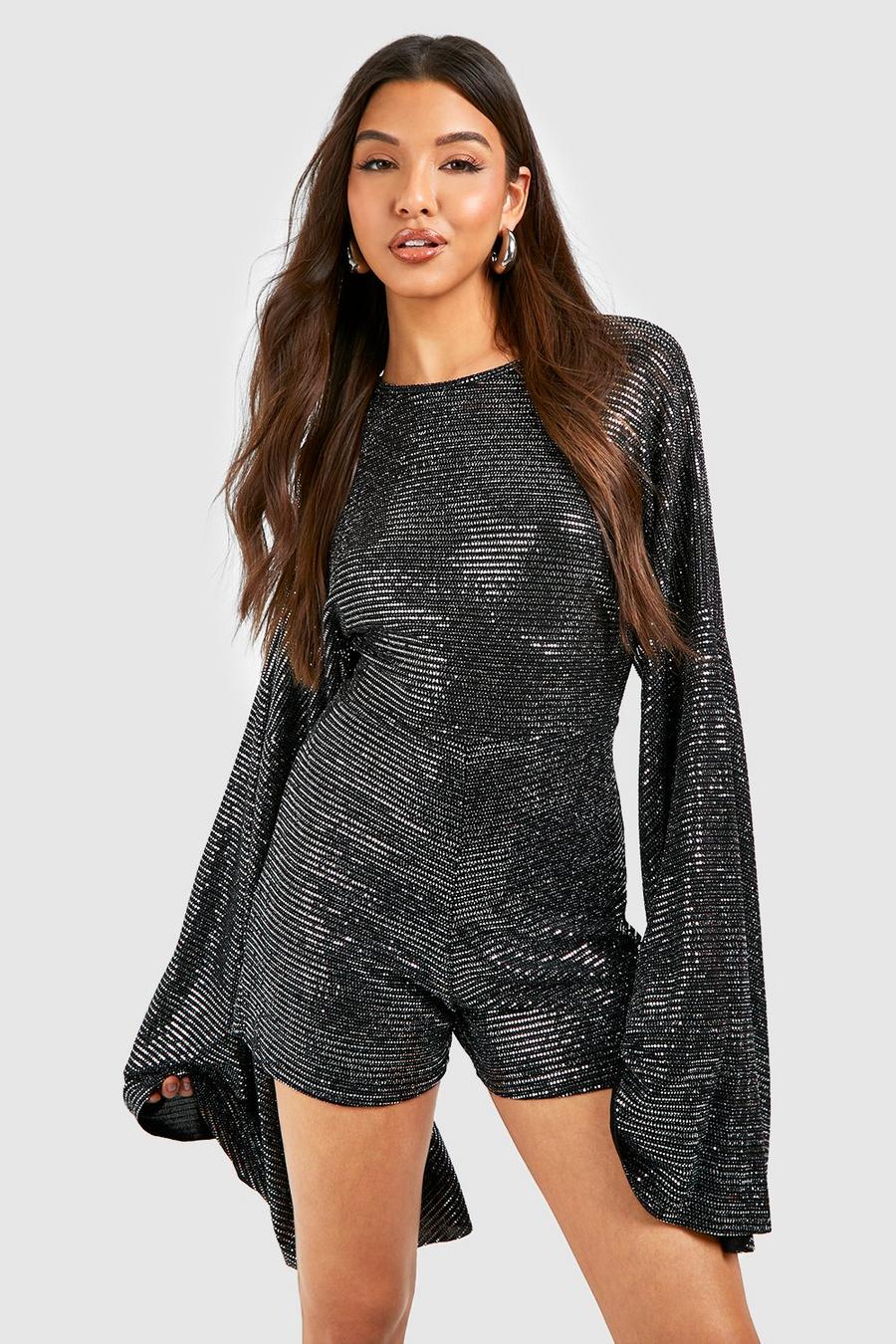 Silver Sequin Extreme Flare Sleeve Playsuit image number 1