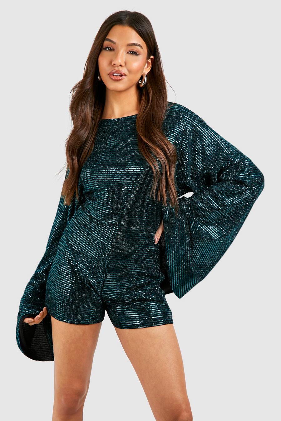 Teal Sequin Extreme Flare Sleeve Playsuit image number 1