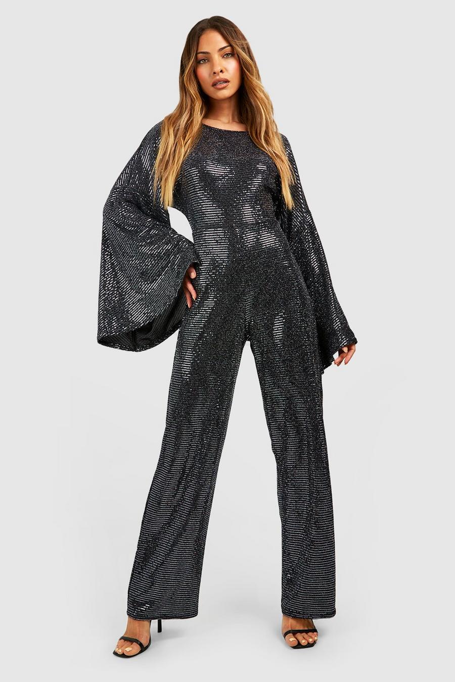 Charcoal Sequin Extreme Flare Sleeve Jumpsuit image number 1
