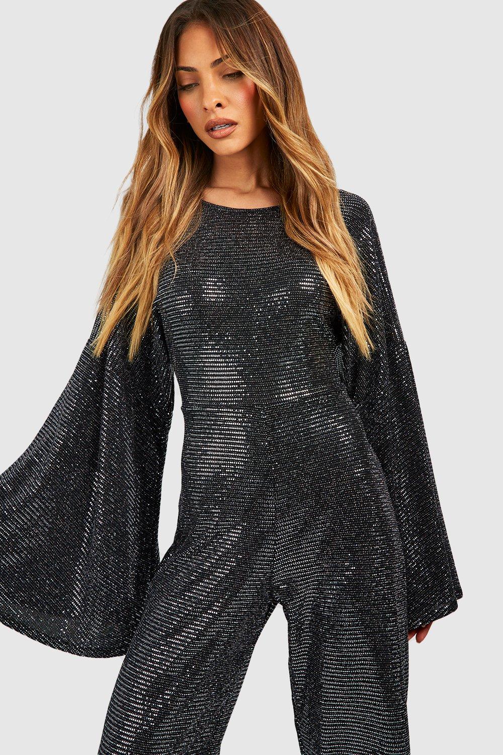 VBARHMQRT Female Yoga Jumpsuit Long Sleeve Flare Jumpsuit Fashion Slim Long  Sleeve Slit Sequin Jumpsuit Women Plus Size Jumpsuit Tummy Control Party