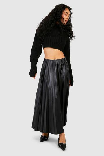 Black Coated Pleated Midi Skirt