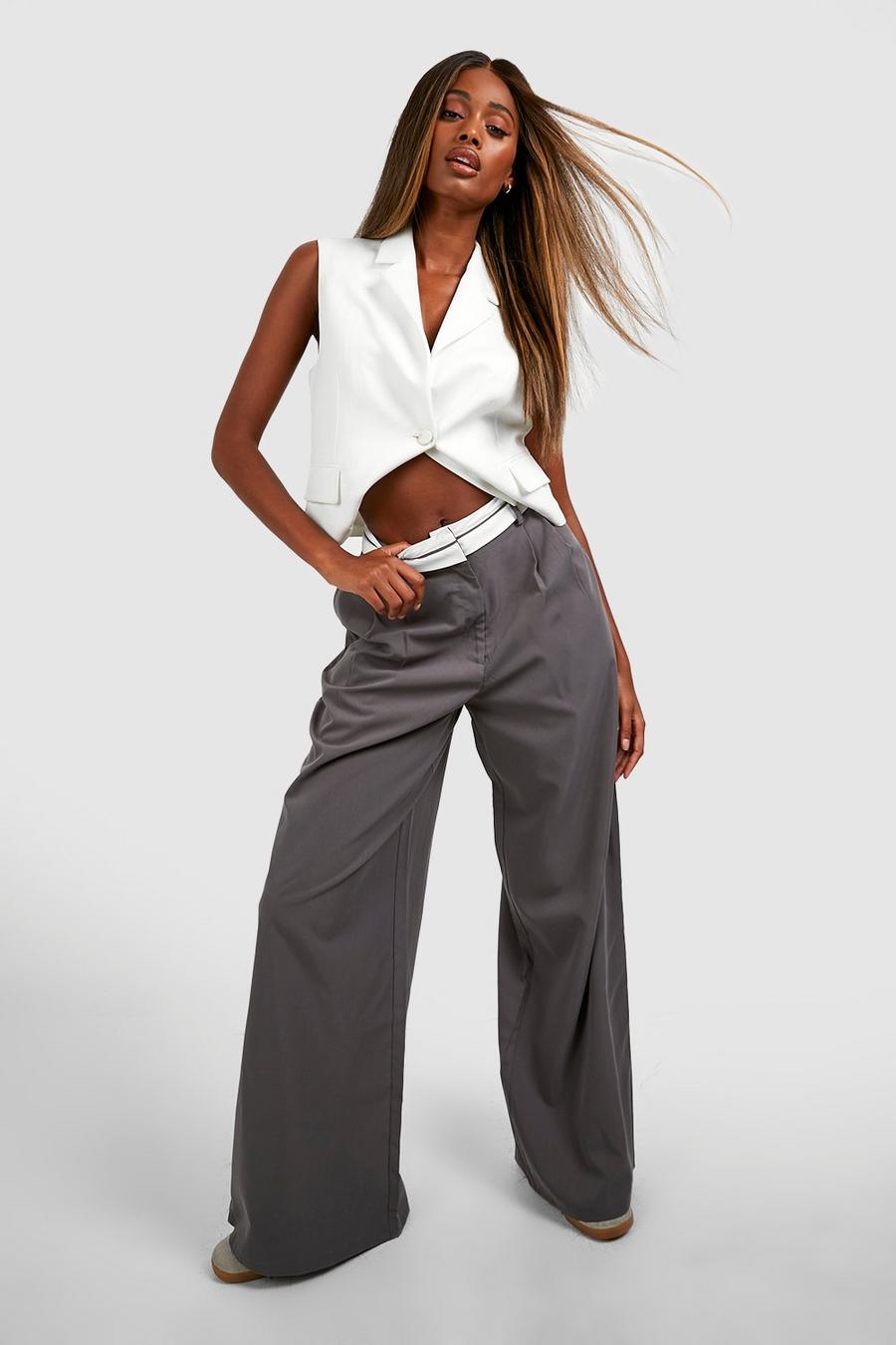 Dark grey Reverse Waistband Tailored Wide Leg Trousers image number 1