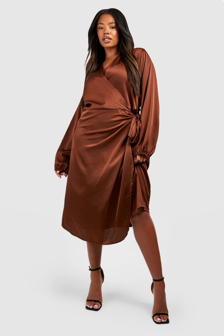 Vestito scaldacuore midi Plus Size in raso, Chocolate marrone