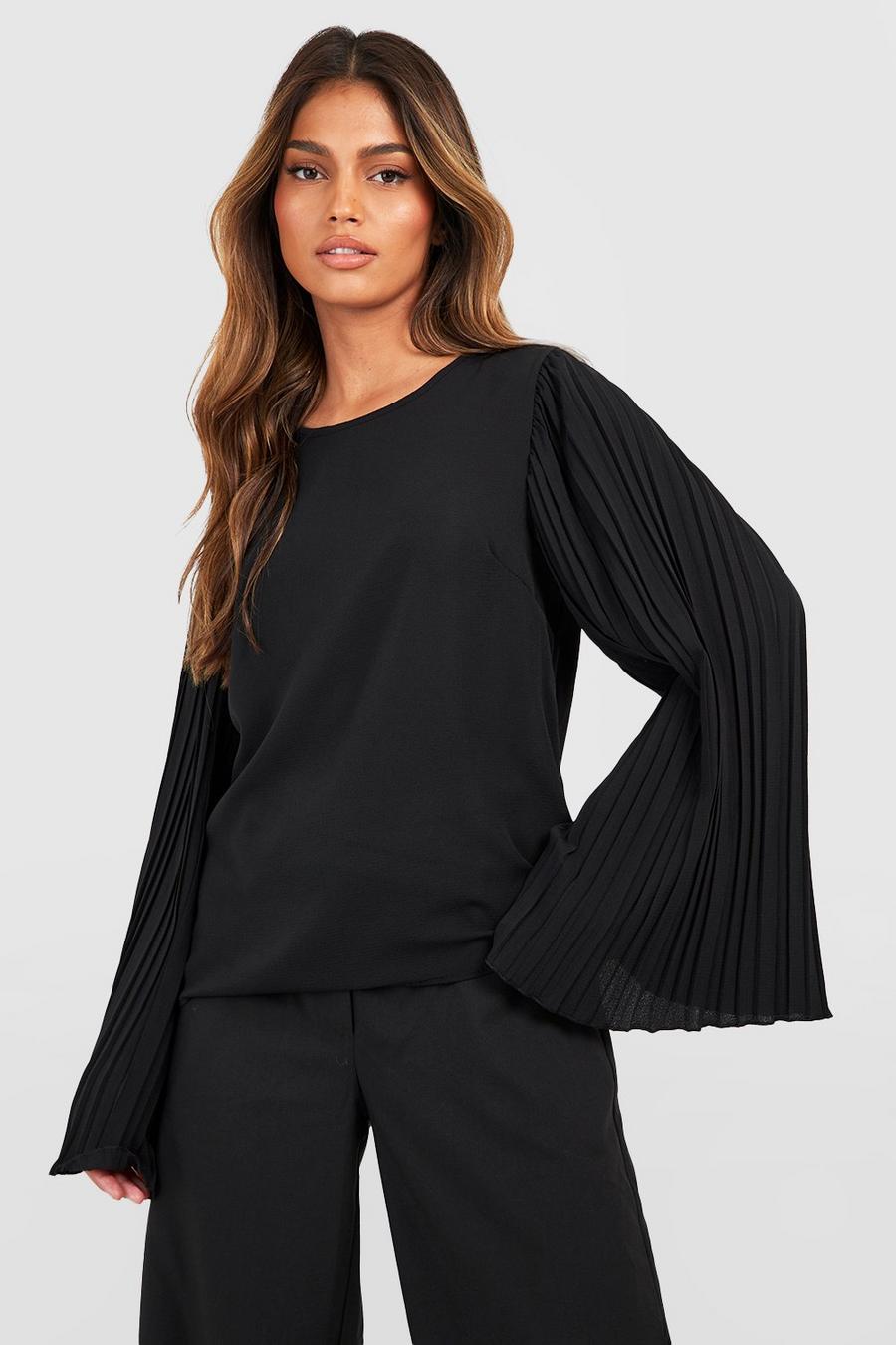 Black Flared Pleat Sleeve Woven Blouse image number 1