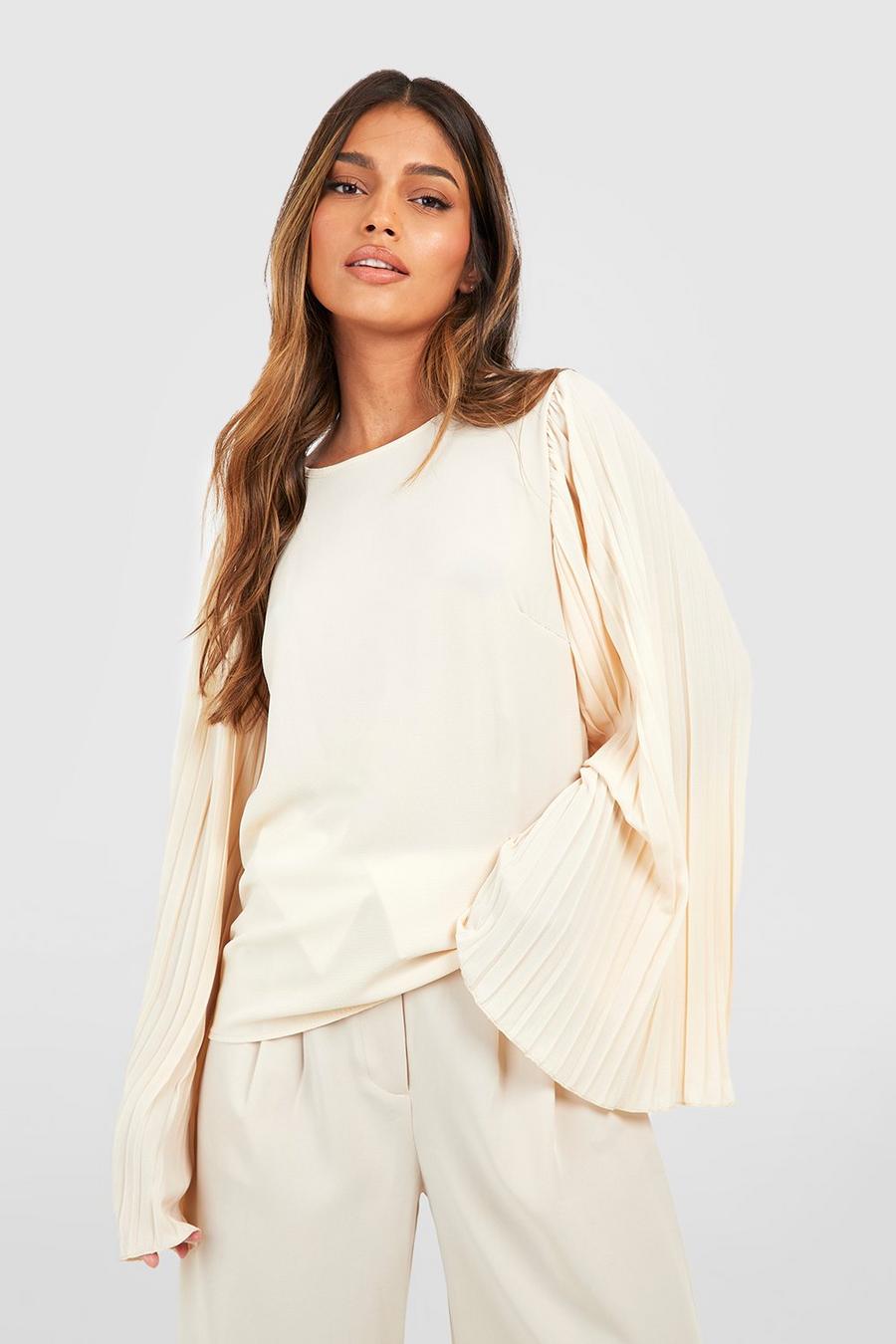 Cream Flared Pleat Sleeve Woven Blouse image number 1