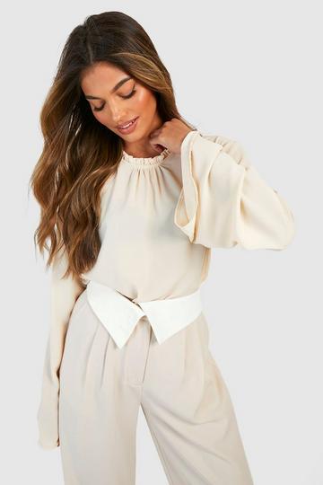 Cream White Ruffle Neck Long Flared Sleeve Blouse