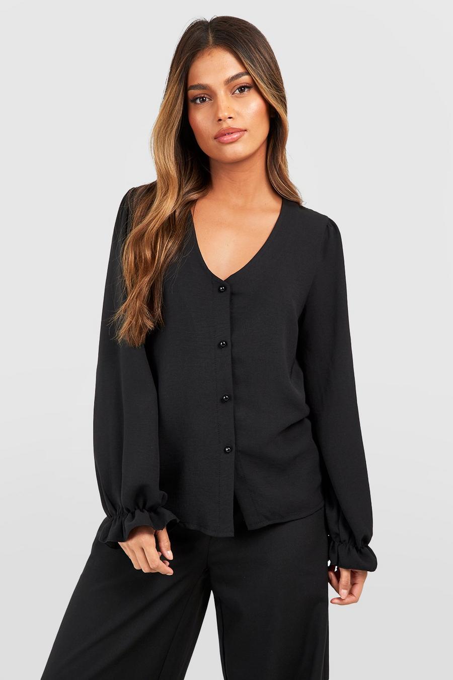 Black Hammered Puff Sleeve Button Front Blouse image number 1