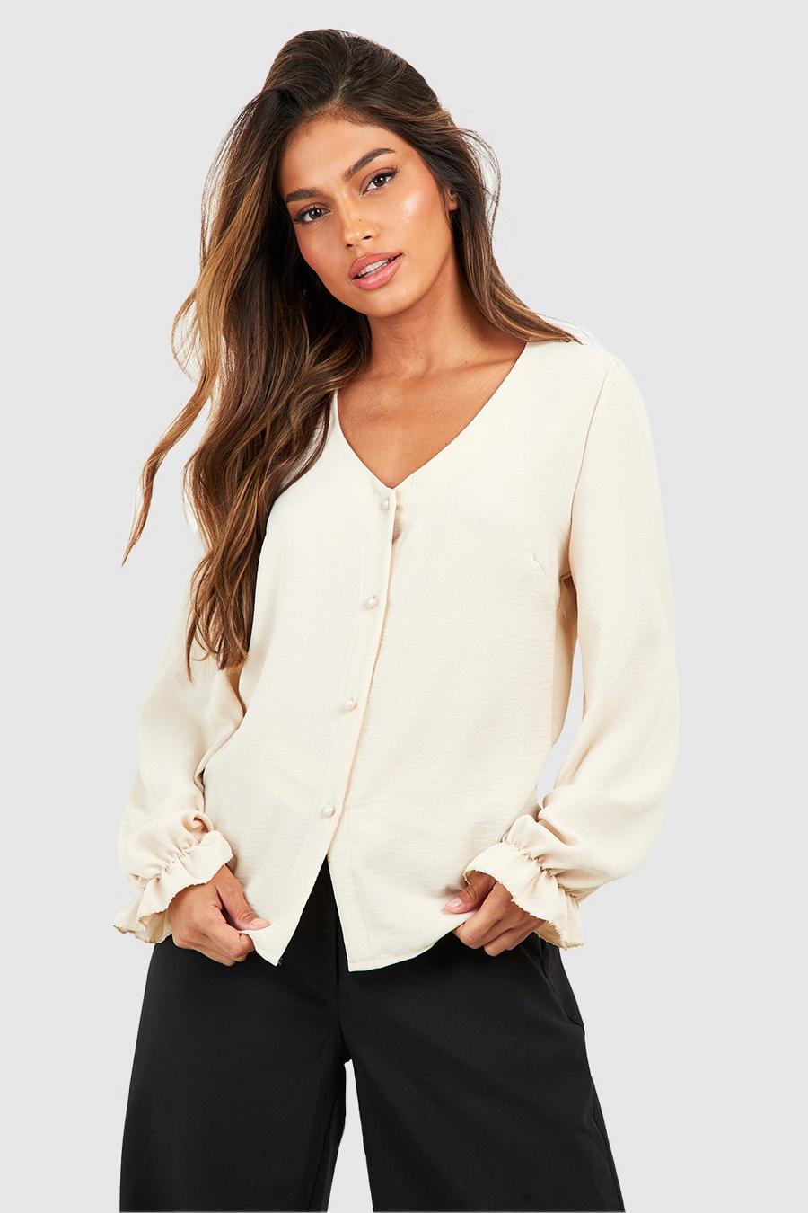 Cream Hammered Puff Sleeve Button Front Blouse image number 1