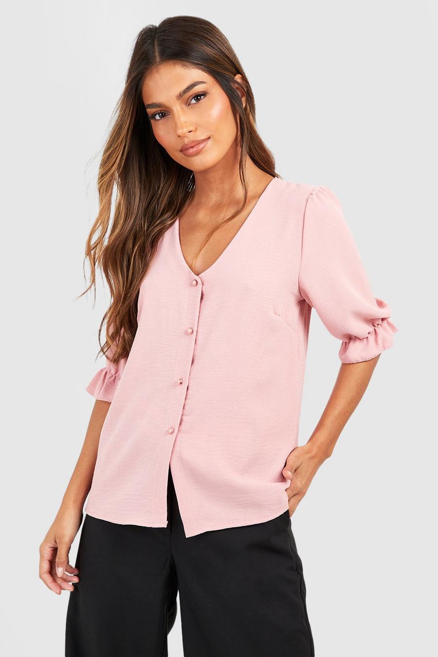 Blush pink Hammered Puff Sleeve Button Front Blouse