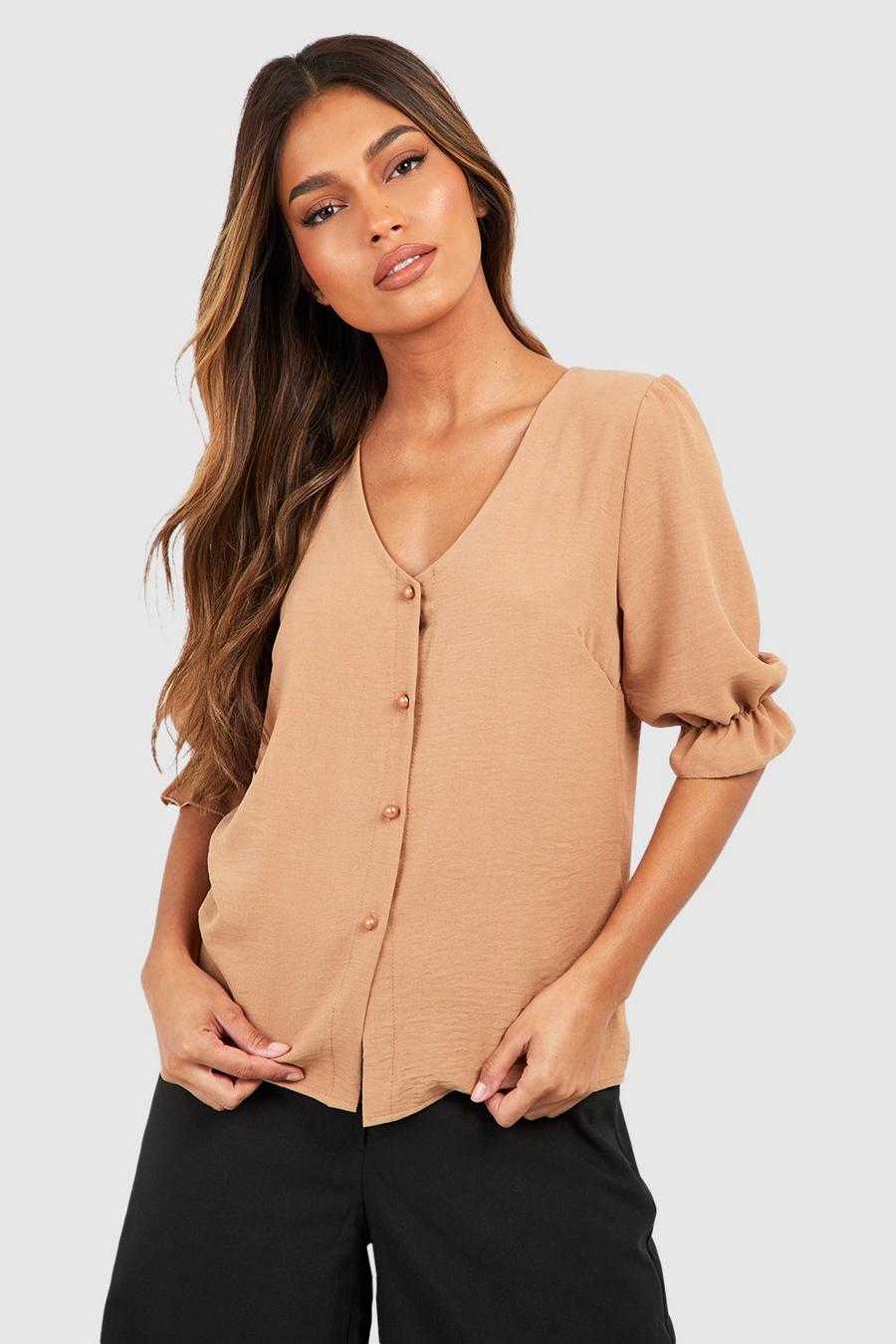 Camel Hammered Puff Sleeve Button Front Blouse