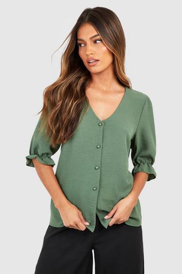 Hammered Puff Sleeve Button Front Blouse khaki