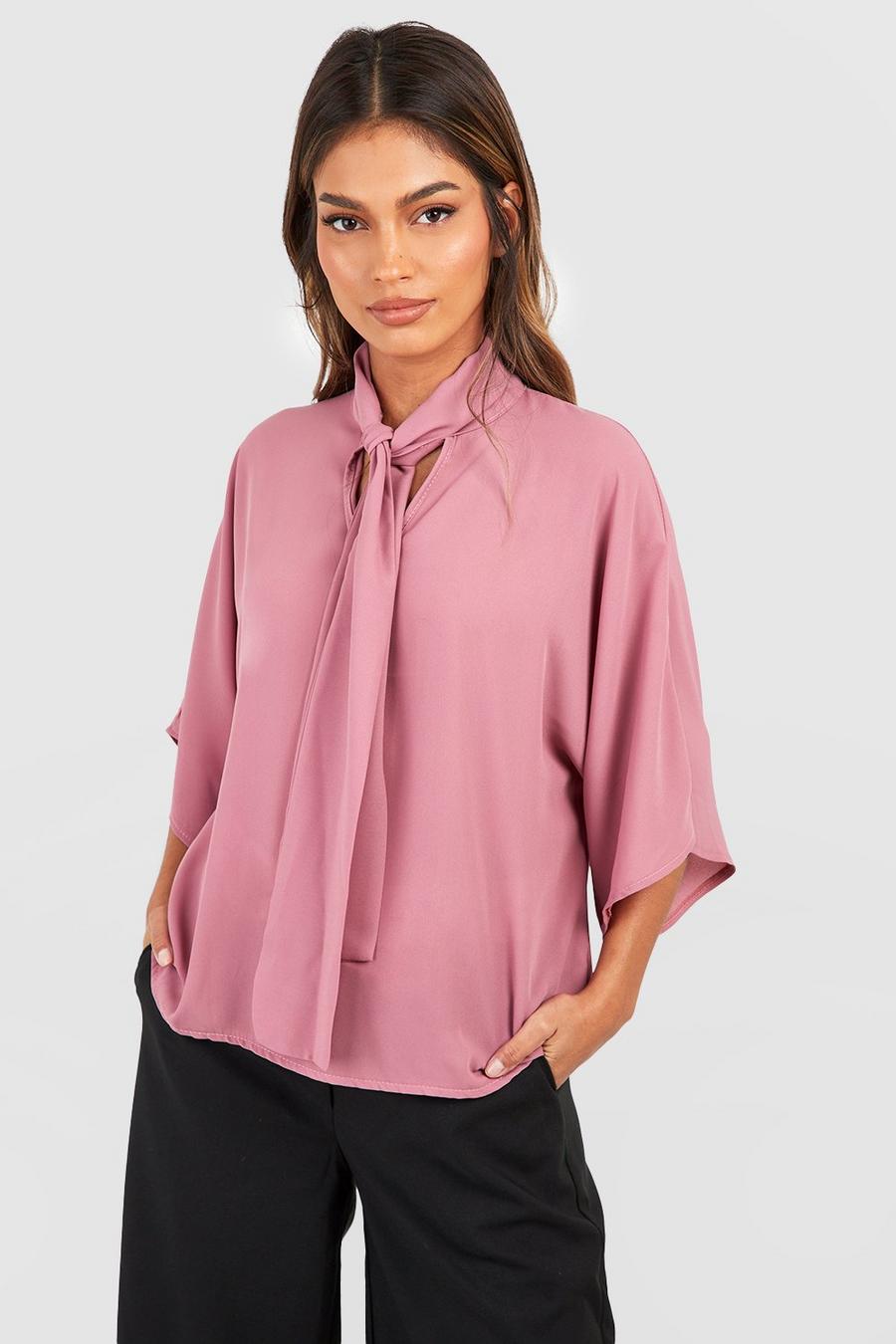 Blusa de tela ligera con mangas acampanadas y atadura en el cuello, Desert rose