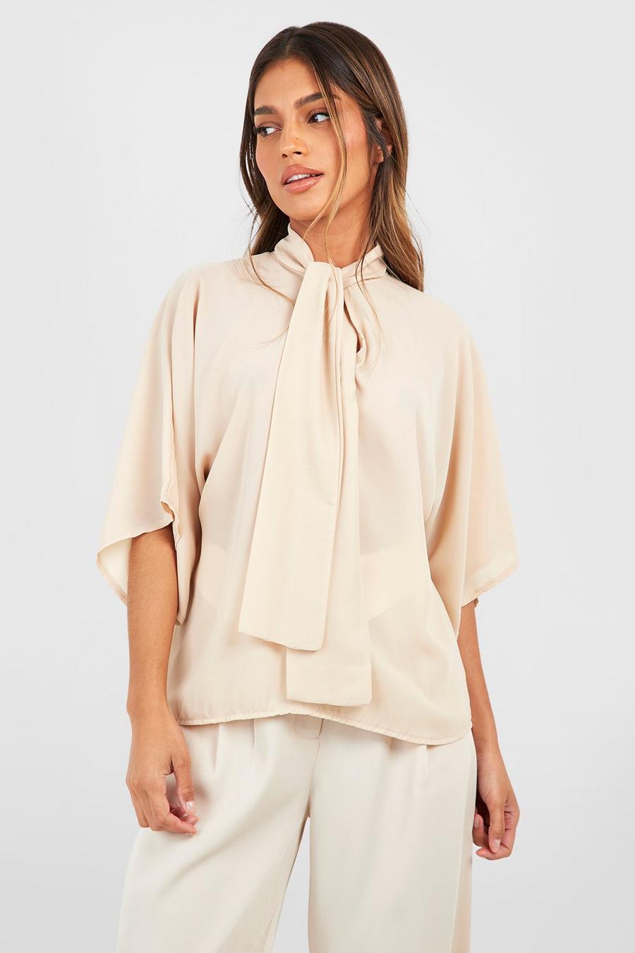 Taupe Woven Tie Neck Floaty Flared Sleeve Blouse image number 1