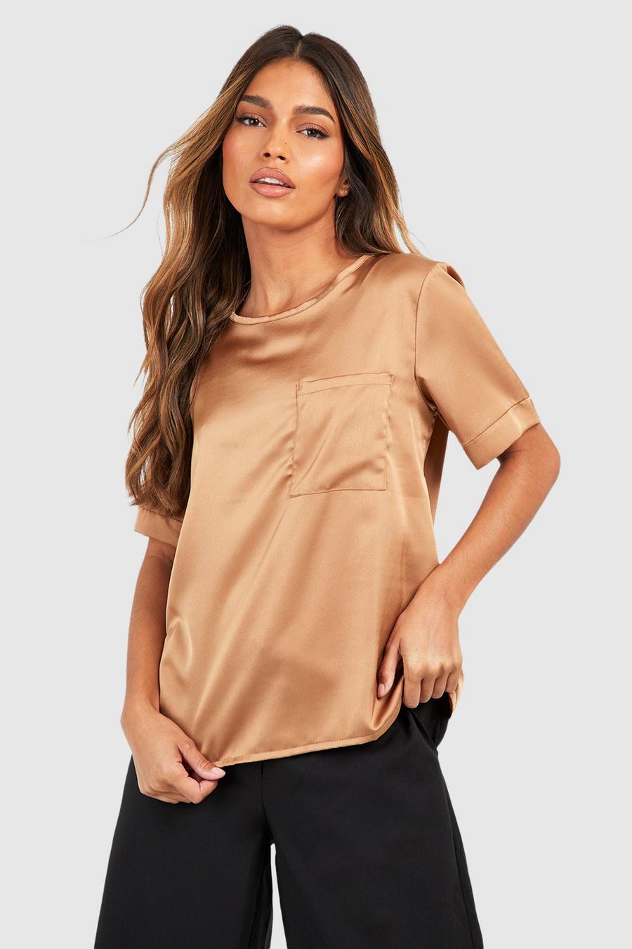 Blusa Basic in raso con tasche, Camel image number 1