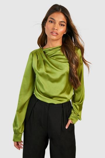 Satin Twist Neck Blouse olive