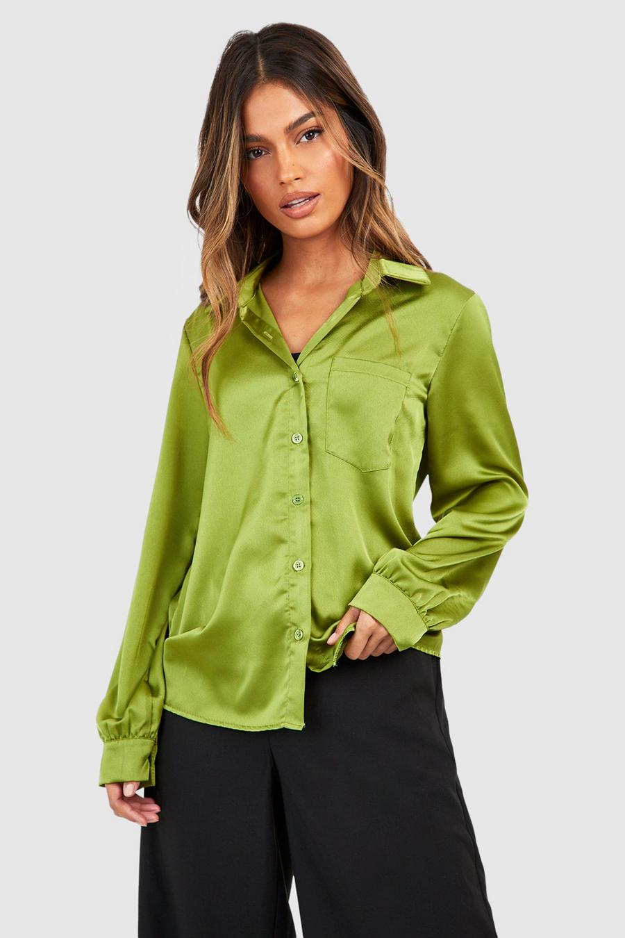 Olive Satin Relaxed Fit Pocket Detail Shirt 