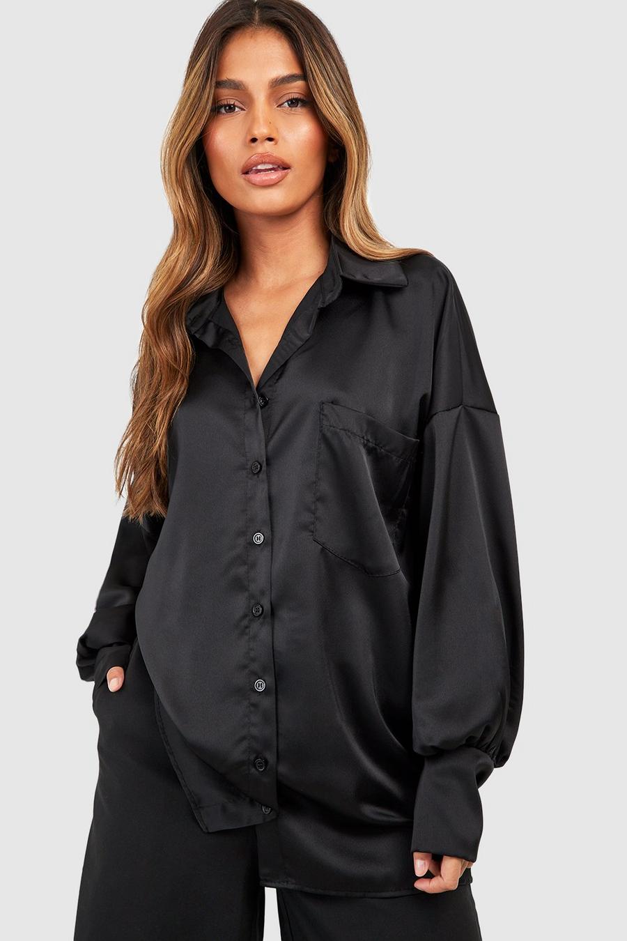 Black Satin Puff Sleeve Pocket Detail Shirt image number 1