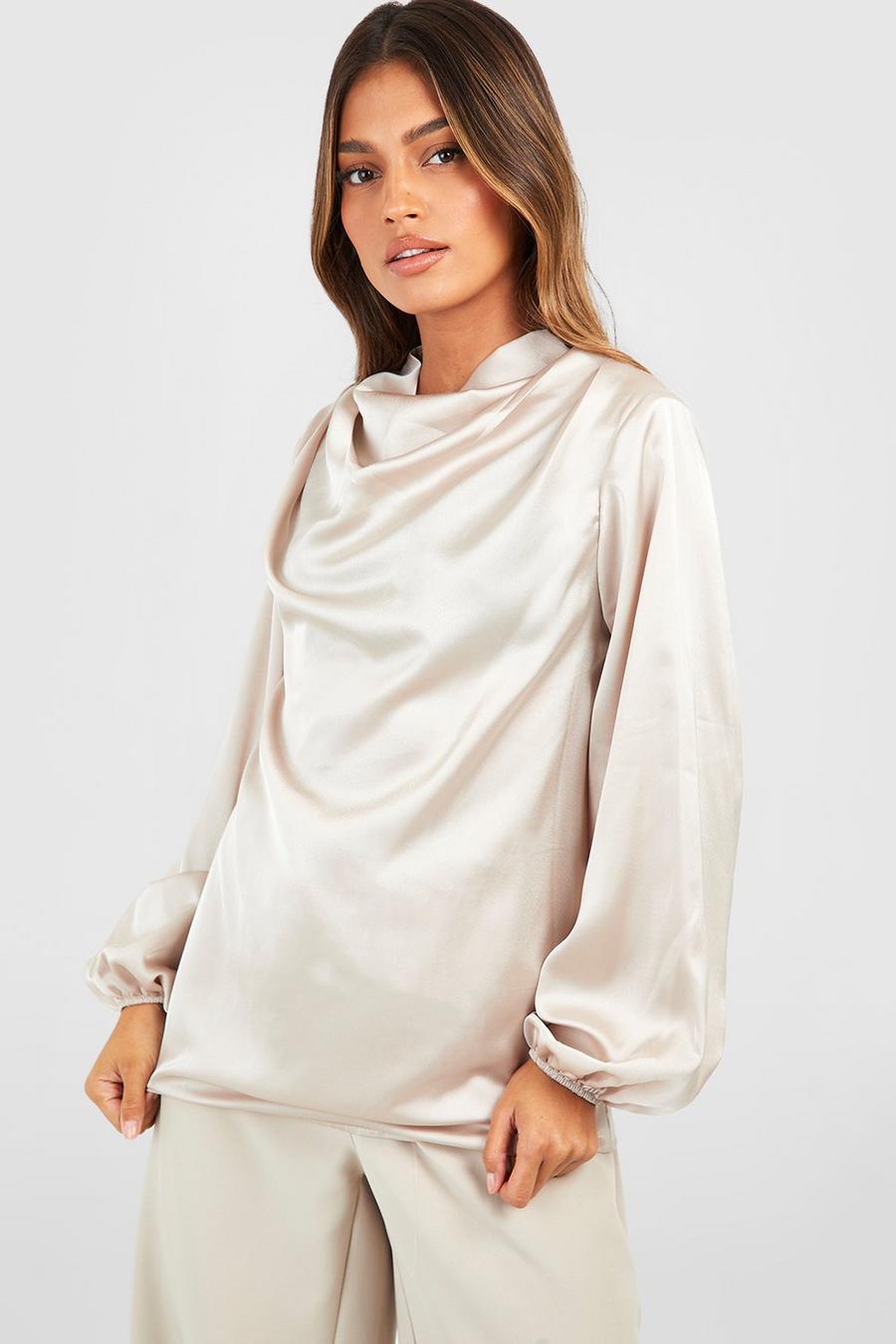 Nude Satin Draped Neck Puff Sleeve Blouse image number 1
