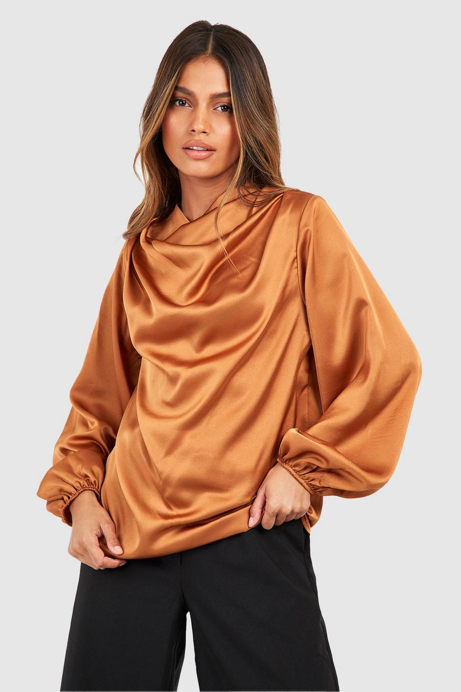 Spice Satin Draped Neck Puff Sleeve Blouse image number 1