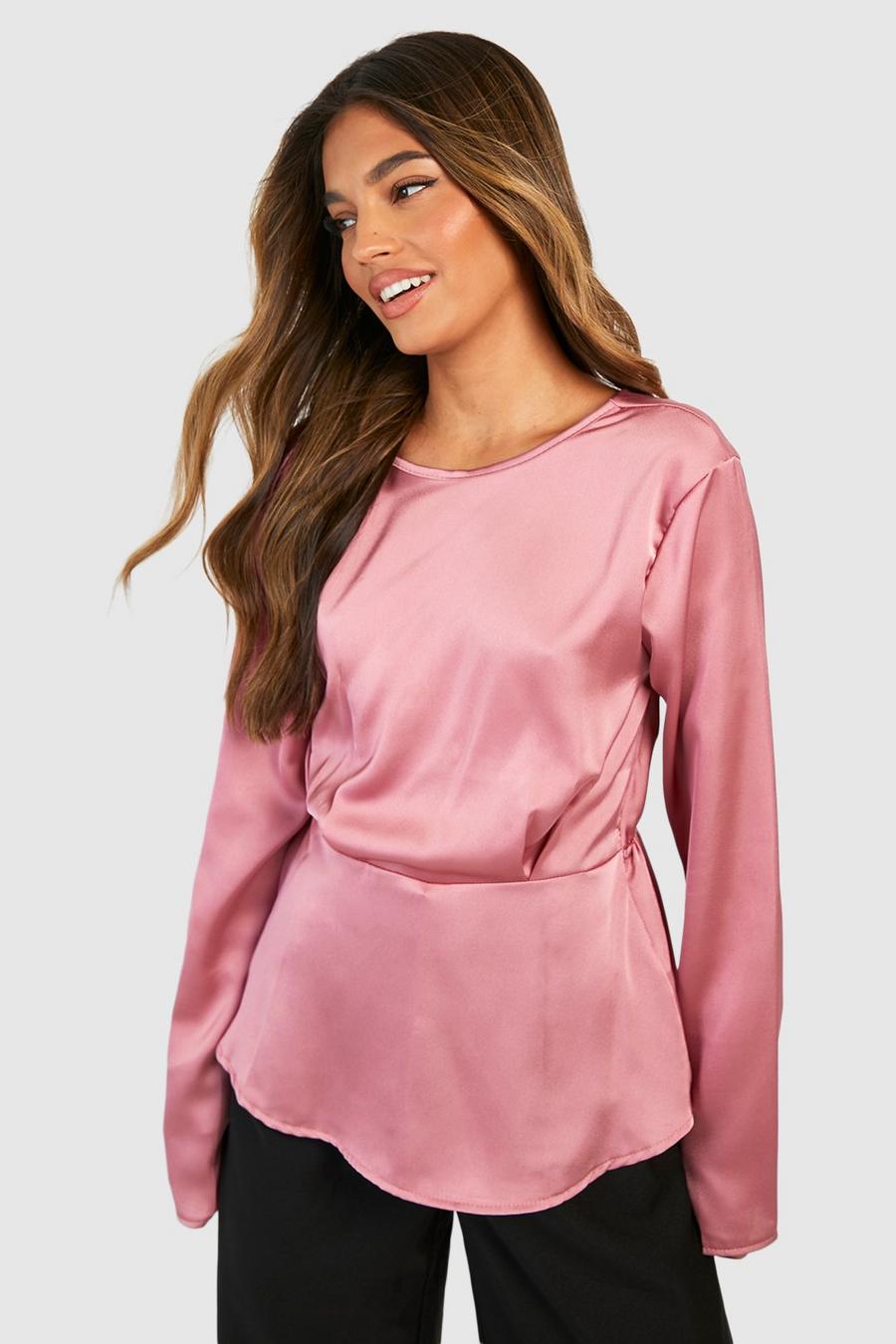 Rose Satin Pleat Front Wrap Back Blouse