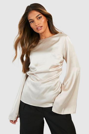 Satin Slash Neck Ruched Waist Blouse sand