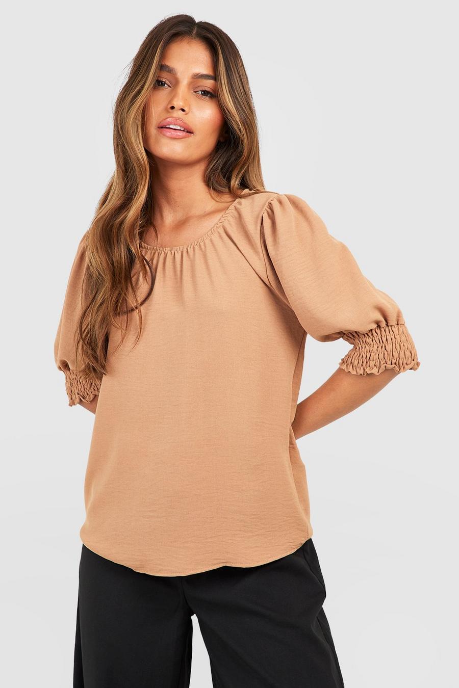 Camel Hammered Puff Sleeve Blouse image number 1