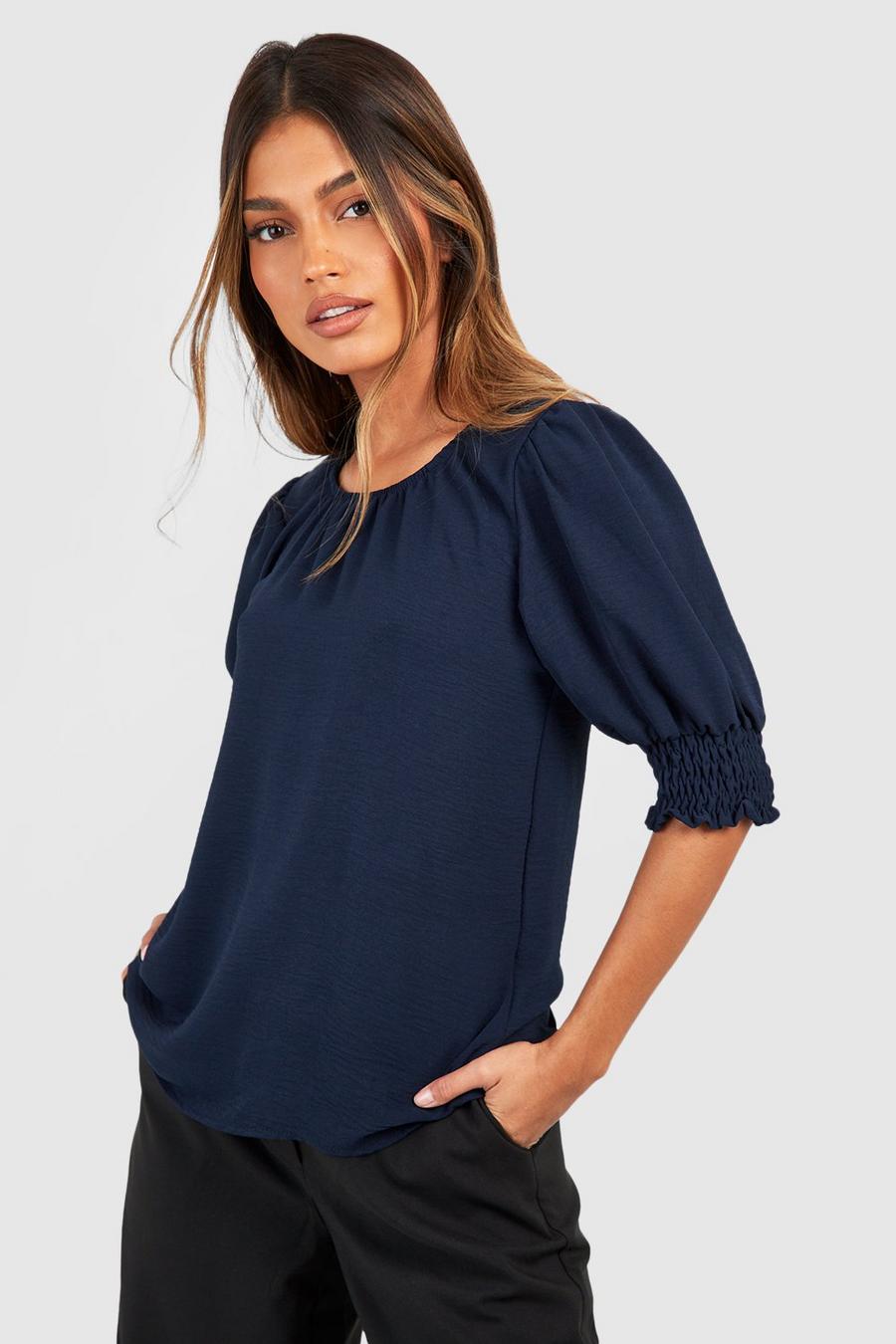 Navy Hammered Puff Sleeve Blouse image number 1
