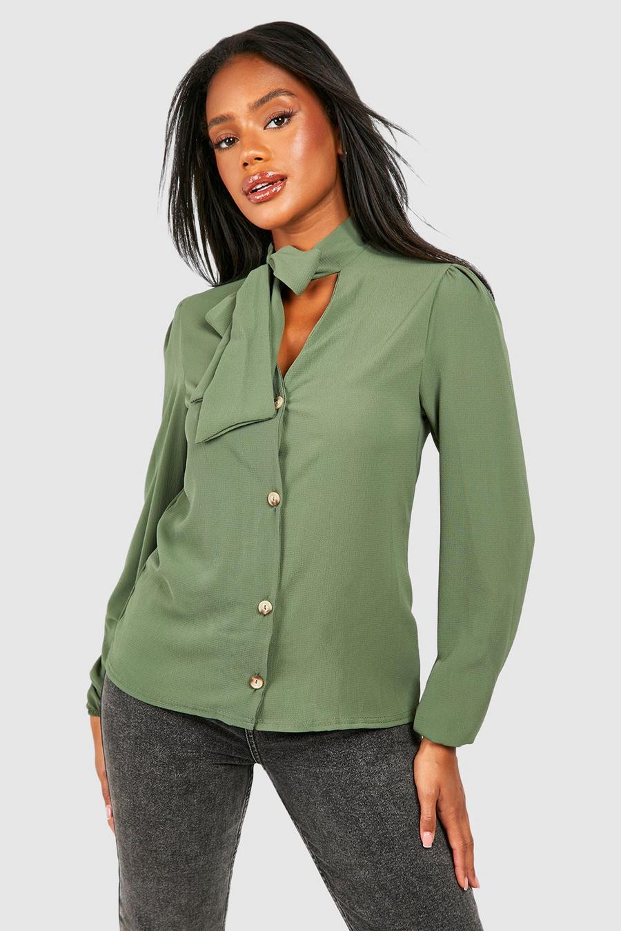 Khaki Pussybow Button Through Puff Sleeve Blouse image number 1