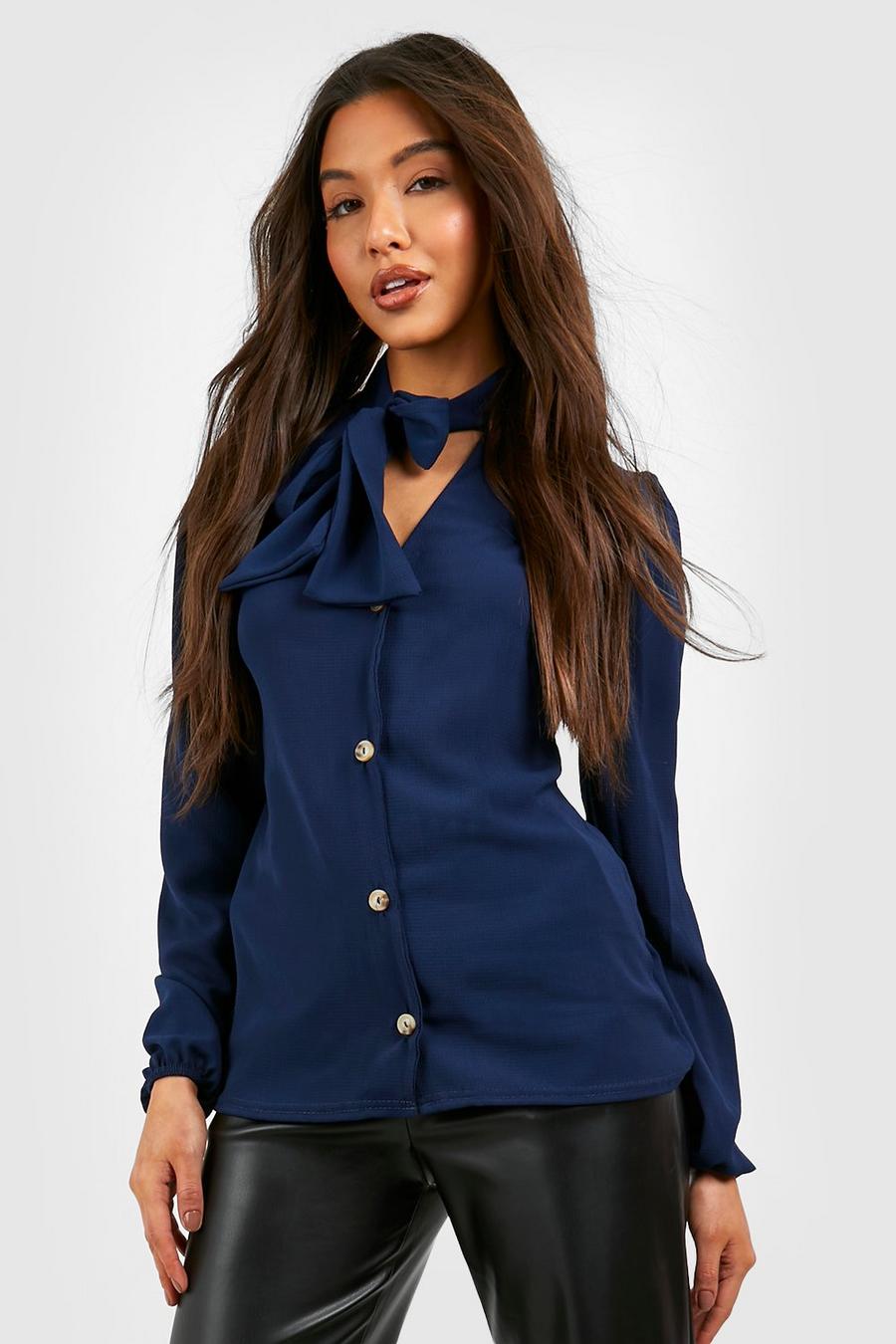 Navy Pussybow Button Through Volume Sleeve Blouse image number 1