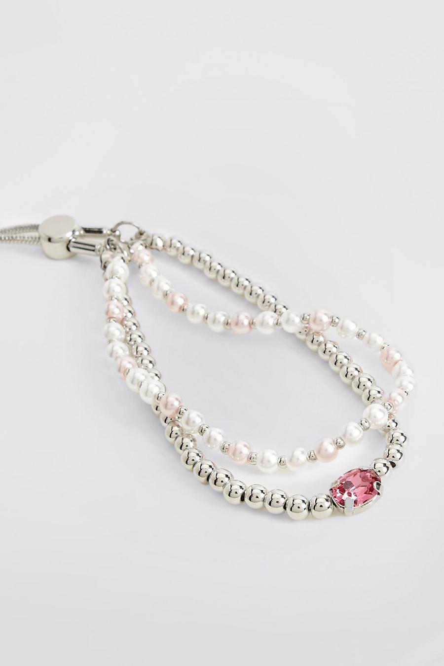 Silver Double Chain Pink Toggle Bracelet  image number 1