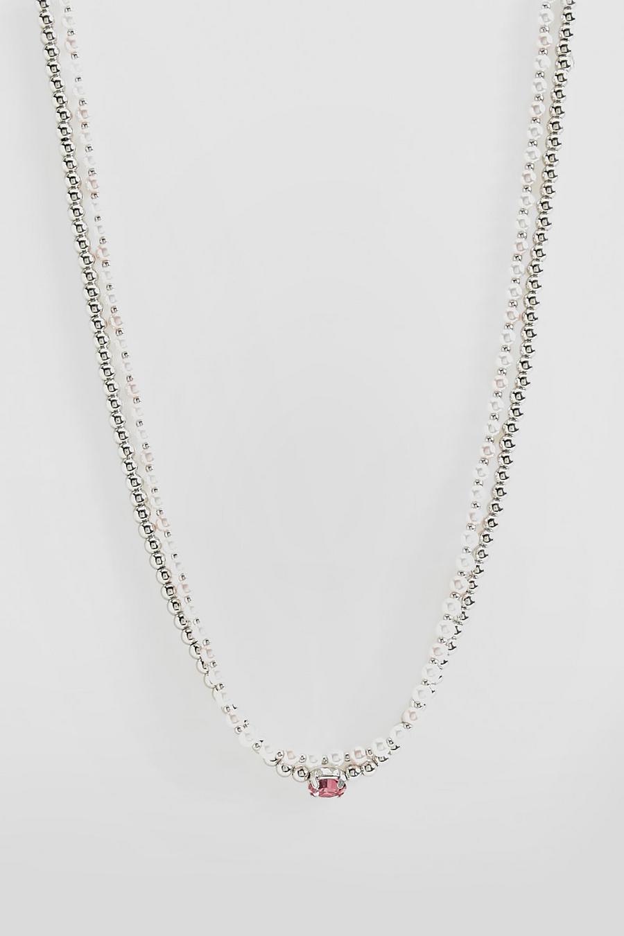 Silver Double Chain Pink Beaded Necklace  image number 1