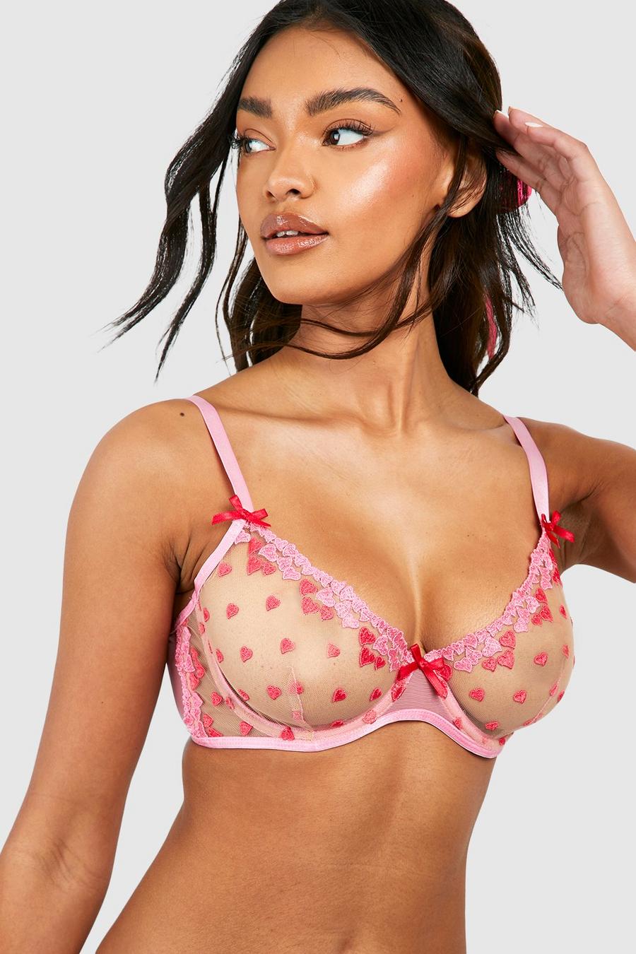 Pink Ditsy Heart Mesh Fuller Bust Underwire Bra  image number 1