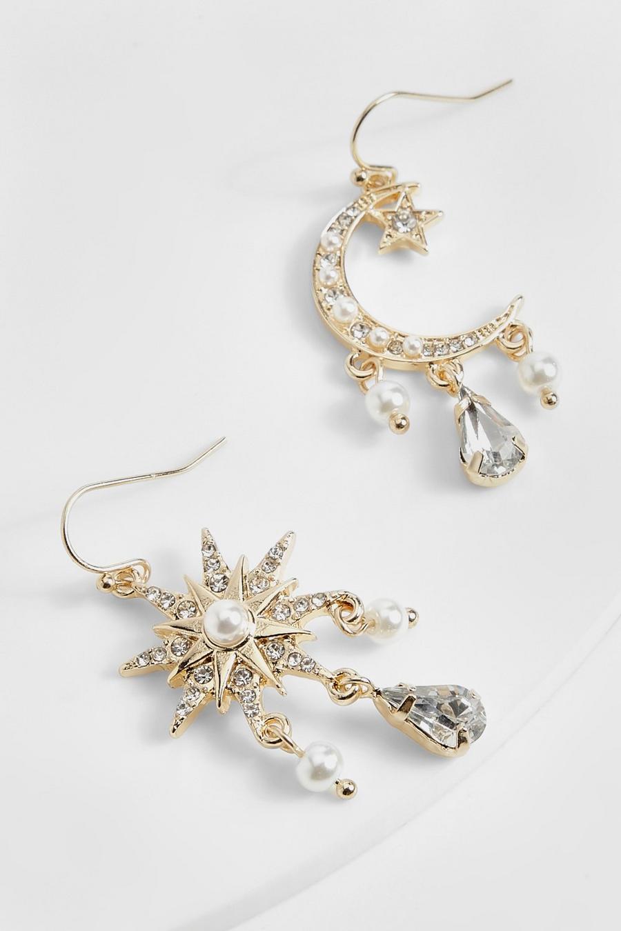 Gold metallic Celestial Moon & Star Embellished Earrings