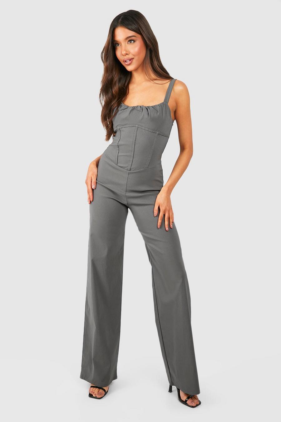 Charcoal Bengaline Ruched Corset Wide Leg Jumpsuit image number 1