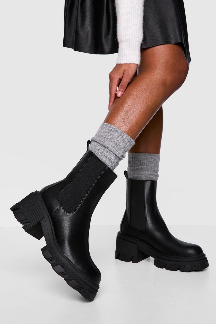 Black Cleated Sole Low Heel Chunky Chelsea Boots