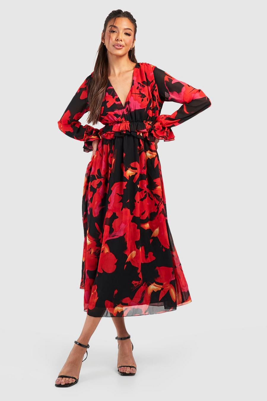 Red Floral Chiffon Ruffle Midi Dress image number 1