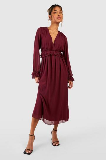 Chiffon Ruffle Midi Dress berry