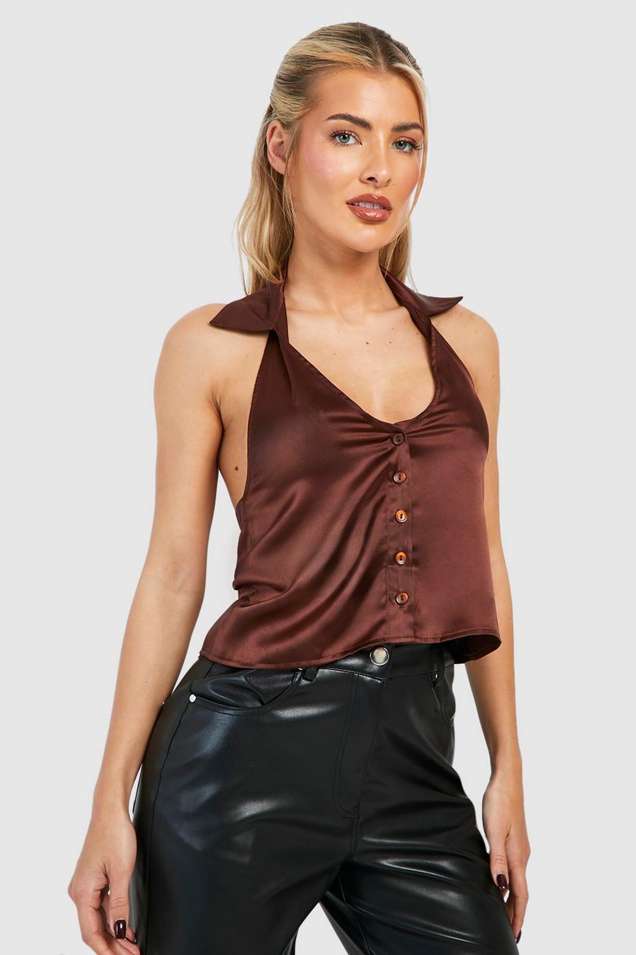 Blusa abrigo de raso con cintura elástica, Chocolate image number 1